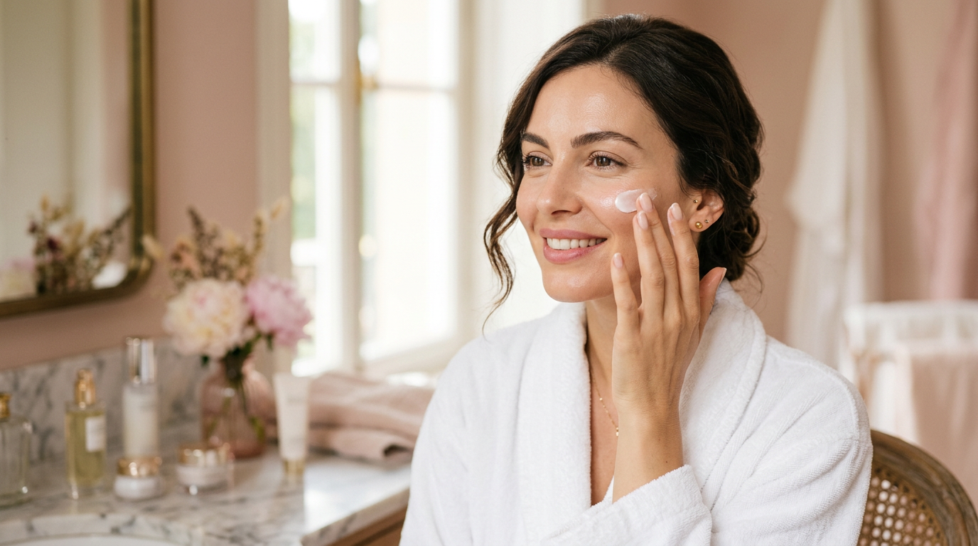 Donna che applica la crema idratante Veluria sul viso