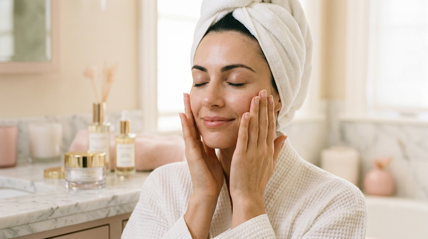 Donna durante la routine di skincare